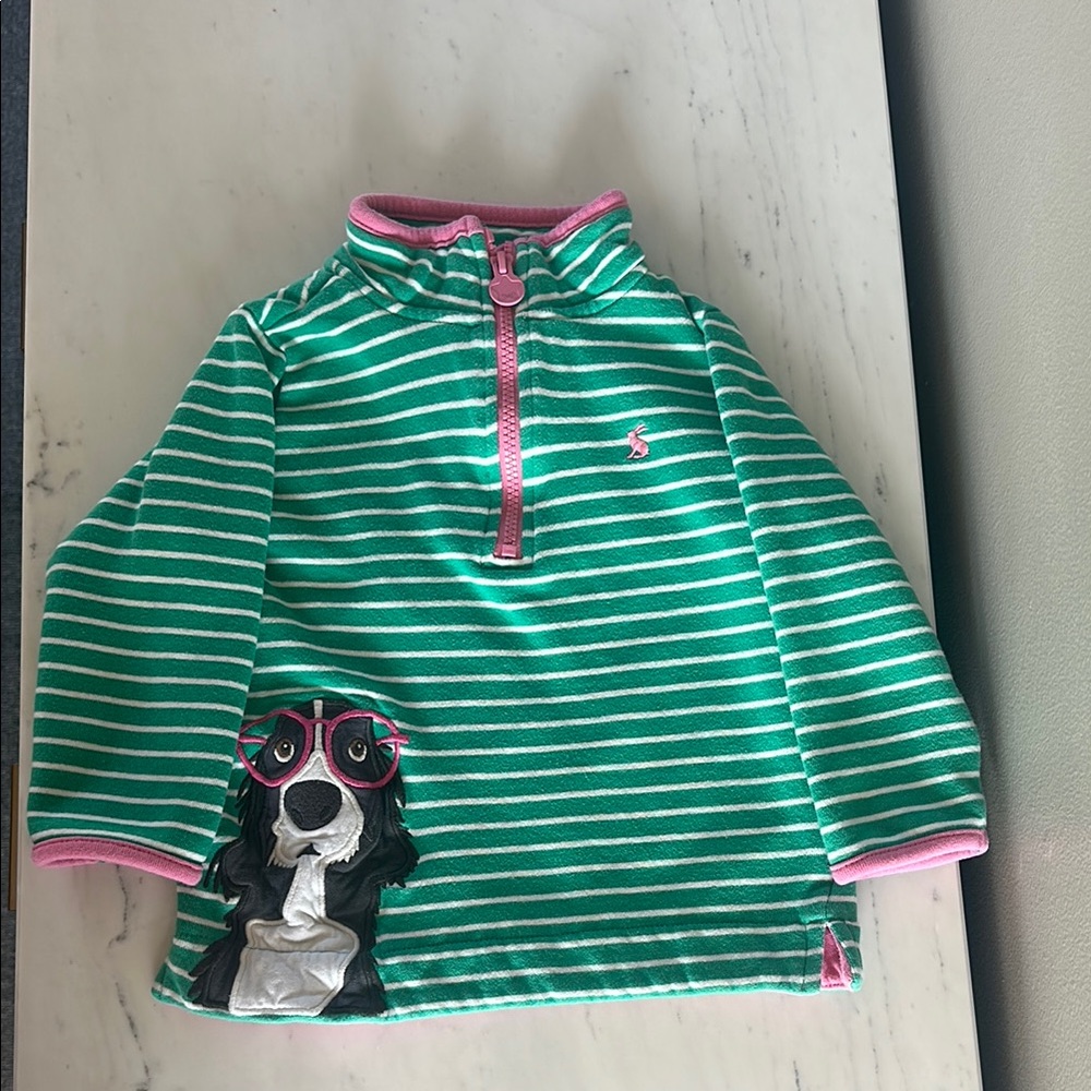 Joules 4T Green and Pink Striped Pullover with Adorbale Dog Design